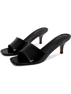 Women's Black Kitten Heel Sandals Stiletto Low Heels Slip On Slides Mule Sandal